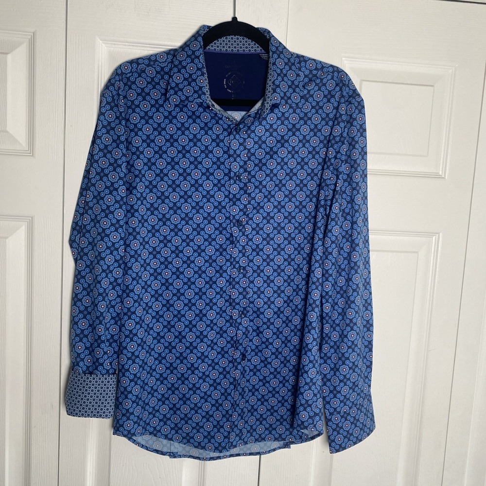 Con.Struct Mens Medium Blue Medallion Wrinkle Free No Iron Long Sleeve‎ Contrast